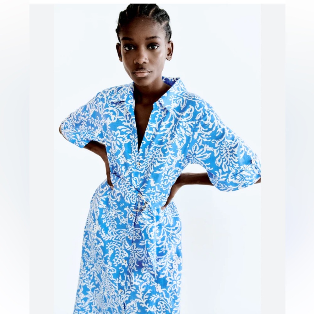 Zara Blue and White Floral Midi Dress - Picture 3 of 10